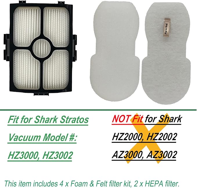 Dttery HZ3002 Filter Kit Replacement for Shark Stratos UltraLight DuoClean PowerFins Corded Stick Vacuum HZ3000 HZ3002 HZ4000 HZ4001AMZ HZ4002 Part XFFKHZ3000 XHFHZ3000, 4 Foam and Felt, 2 HEPA
