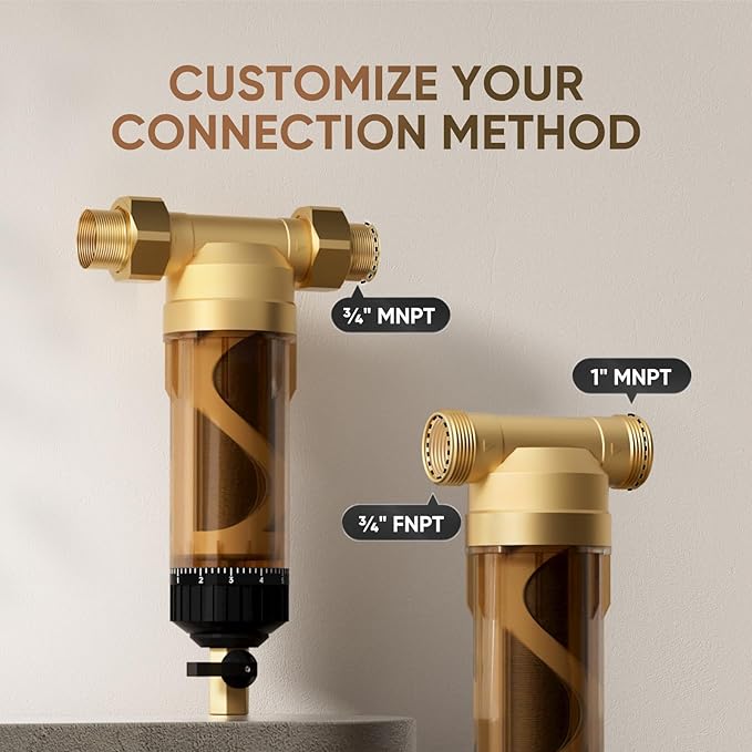 PUREPLUS 40 Micron Whole House Spin Down Sediment Water Filter With Scrapper, Reusable Flushable Pre-Filtration System for City/Tap water, 1" MNPT + 3/4" FNPT + 3/4"MNPT, Brass, BPA Free, USA Tech
