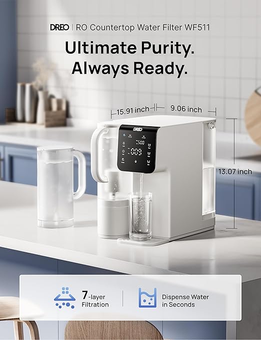 DREO Reverse Osmosis Water Filter Countertop, 7-Stage RO Water Filtration System, Installation-Free, Reduce TDS, Water Filter Pitcher for Home, Kitchen, 3:1 Pure to Drain, WF511 Upgraded