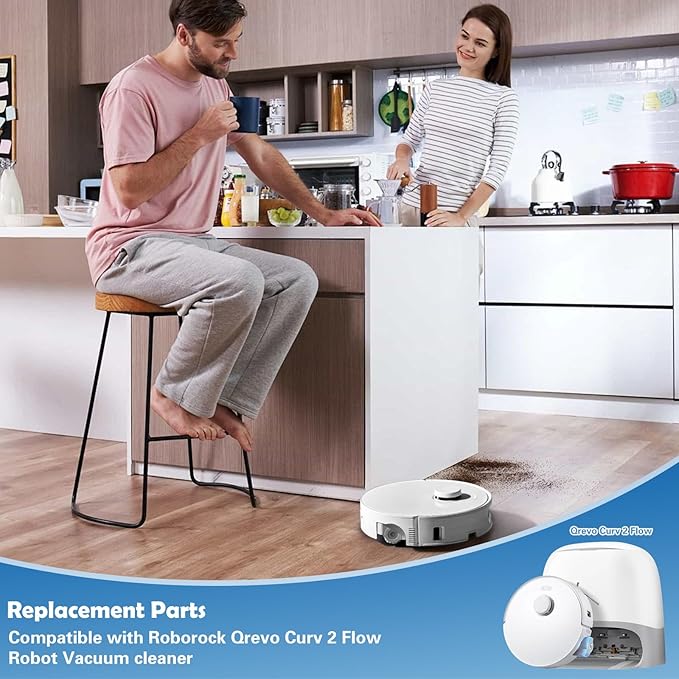 Replacement Parts for Roborock Qrevo Curv 2 Flow Robot Vacuum Cleaner Accessories, 1 Main Brush, 1 Roller Mop Cloth, 4 HEPA Filters, 4 Dust Bags, 6 Side Brushes