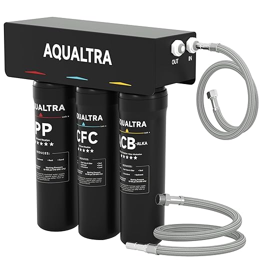 AQUALTRA USF-3B-10 Slightly Alkaline Under Sink Water Filter System, 8K-32K Gallons, 0.5 μm Carbon Fiber Filter Reduces Chlorine, Chloramine, Fluoride, Bad Taste & Odor