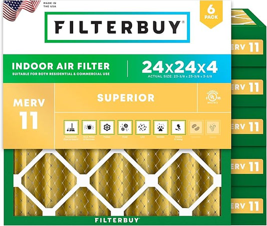 Filterbuy 24x24x4 Air Filter MERV 11 Superior Pet & Allergy Defense (6-Pack), Electrostatic Pleated HVAC AC Furnace Filters Replacement (Actual Size: 23.38 x 23.38 x 3.63)