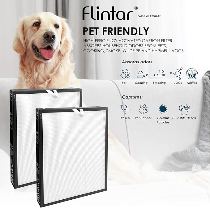 Flintar Vital 200S Replacement Filter, Compatible with LEVOIT Vital 200S-P Air Purifier, H13 Grade Filtration + Activated Carbon filter, Part # Vital 200S-RF, 2-Pack