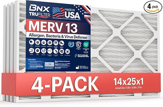 BNX TruFilter 14x25x1 Air Filter MERV 13 (4-Pack) - MADE IN USA - Electrostatic Pleated Air Conditioner HVAC AC Furnace Filters for Allergies, Pollen, Mold, Bacteria, Smoke, Allergen, MPR 1900 FPR 10