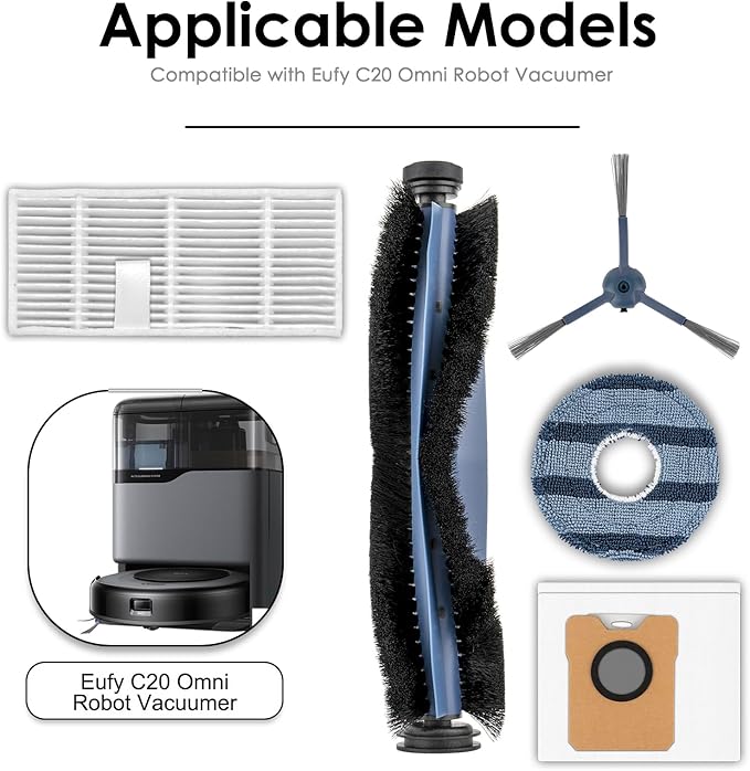 (9 Pack) C20 Omni Replacement Parts Compatible with Eufy C20 Omni Robot Vacuum Cleaner, 1 Roller Brush, 2 HEPA Filters, 2 Side Brushes, 2 Dust Bags, 2 Mop Pads, Accessories Kit