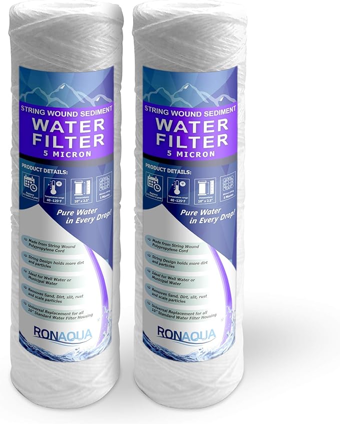 Ronaqua Wound String 5 Micron Sediment Water Filter Cartridges 10 Inc. x 2.5 Inc. A Replacement for Any RO System WELL-MATCHED with PFC4002, RS2-DS, WP5, WFPFC4002, 43235-76350 (2 Pack)