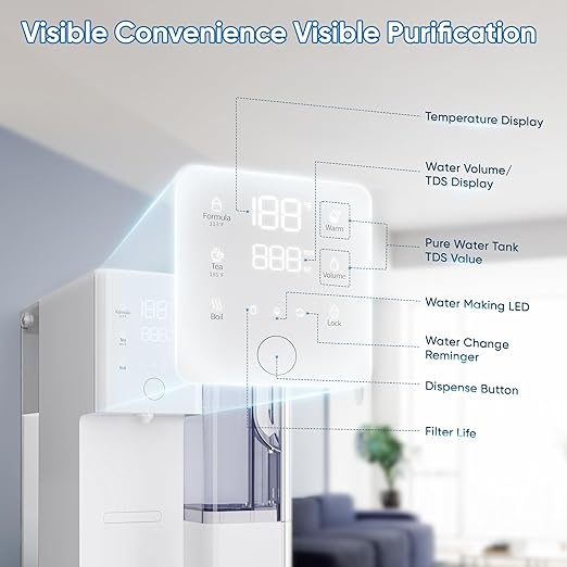 Reverse Osmosis Water Filter Countertop with Instant Hot Water, 4:1 Pure to Drain Ratio, TDS & Filter Life & Autofill Pitcher, 4 Temperature Settings (59℉-197℉), No Installation for Home/RV/Office
