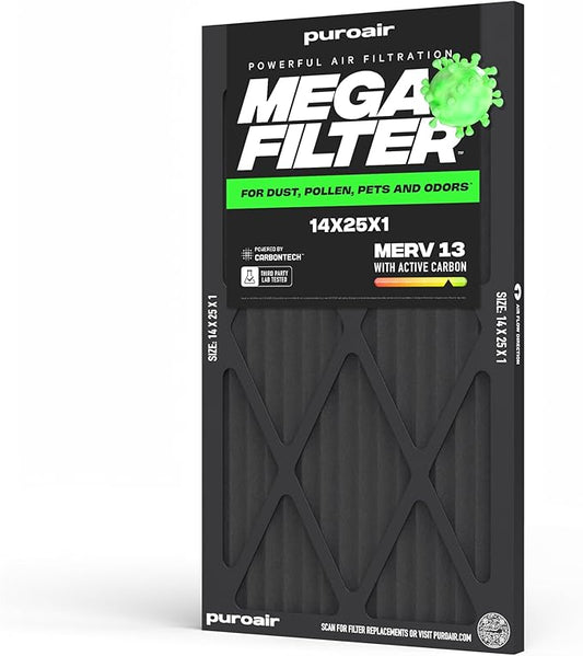 PuroAir MegaFilter - 14x25x1 Air Filter MERV 13 Activated CarbonTech Defense - Heavy Duty 3 Layer Furnace Filters Allergens, Pollen, Dust, Pet Dander, Smoke, Odors - HVAC Air Filter 14x25x1 (1-Pack)