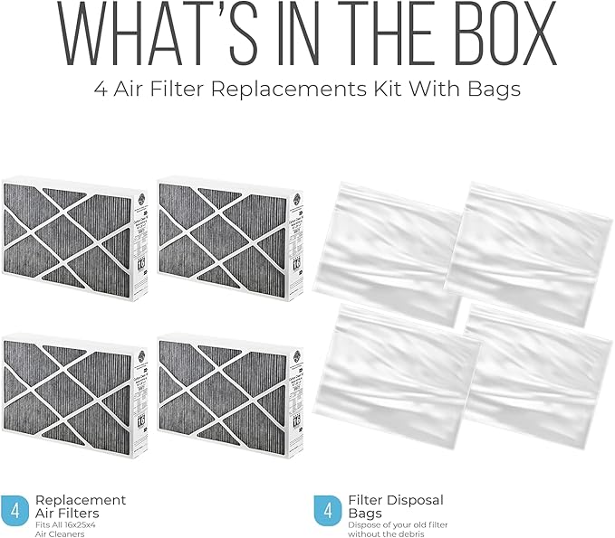 Lennox 16x25x5 Furnace Filter, X6672 Filter Replacement, Merv 16 Carbon Clean Filter Media with Homequip Disposal Bag 4-Pack (Actual Size: 15.8 x 24.8 x 4.3 Inches)