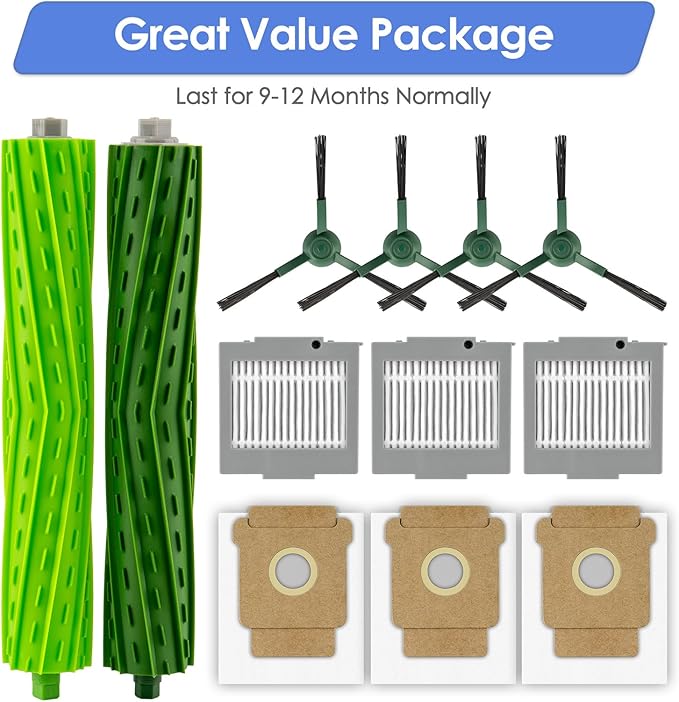 (12 Pack) Max 705 Vac Replacement Parts Compatible with iRobot Max 705 Vac/Plus 504 Vac Robot Vacuum, 2 Roller Brushes, 4 Side Brushes, 3 HEPA Filters, 3 Dust Bags, Accessories Kit