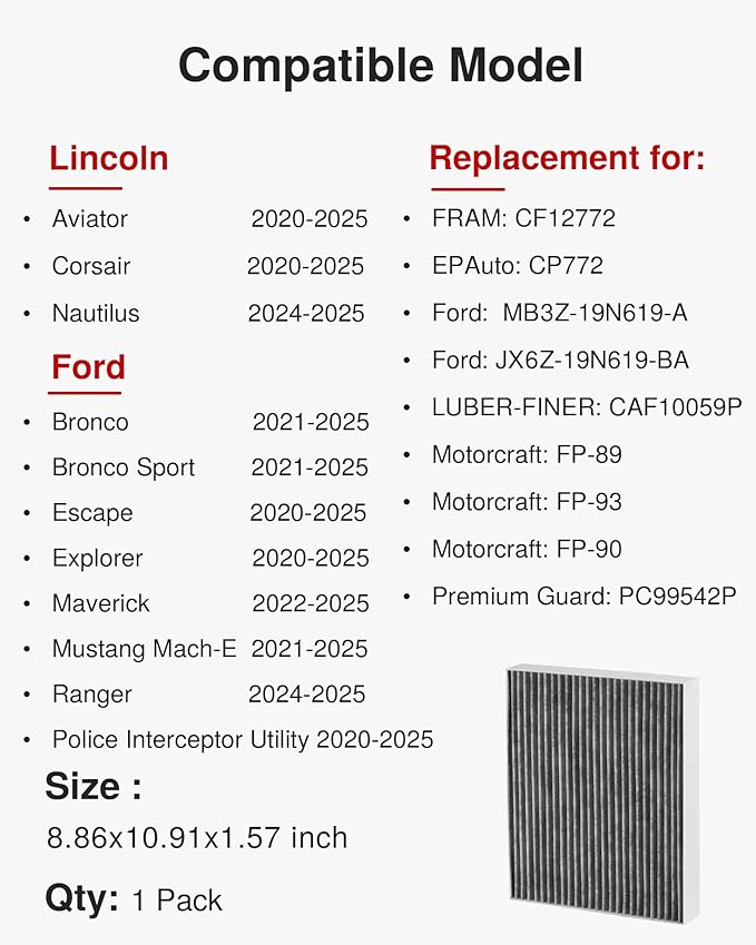 Puroma Cabin Air Filter with Activated Carbon, Replacement for CF12772, CP772, Ford Bronco, Bronco Sport, Escape, Explorer, Maverick, Mustang Mach-E, Ranger, Lincoln Aviator, Corsair, Nautilus