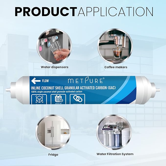 Metpure Inline GAC Water Filter 2" x 10" x 3/8" OD. Coconut Shell Granular Activated Carbon for RO Reverse Osmosis Water Filtration System, Refrigerator, Ice Maker. 3/8" Quick Connect.