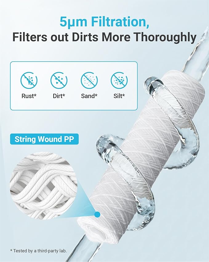 AQUA CREST 5 Micron 10"x2.5" String Wound Sediment Water Filter Cartridge for Well Water, Universal Replacement for Any 10 inch RO Unit, WP-5, Aqua-Pure AP110, CFS110, Culligan P5, WFPFC4002, 6Pack