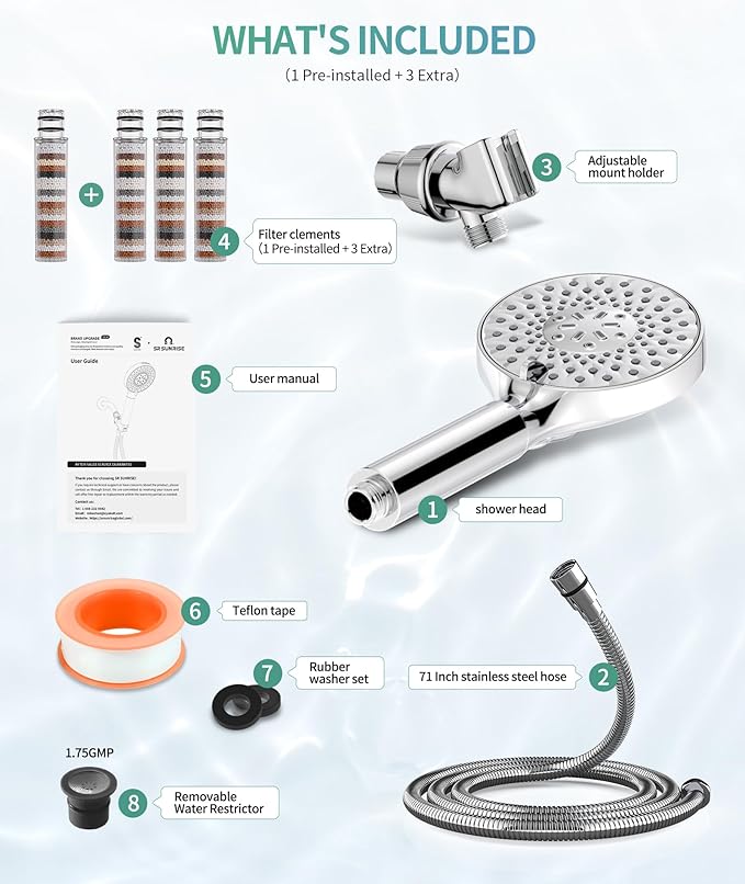 SR SUN RISE Filtered Shower Head with Handheld High Pressure 9 Spray Mode Showerhead Detachable Shower Head Water Softener Filters Beads for Hard Water Remove Chlorine 4 Filters Chrome