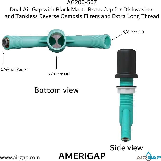 Dual Air Gap with Black Matte Brass Cap for Dishwasher and Tankless Reverse Osmosis Filter and Extra Long Thread (AG200-507, AG200-X07, AMERIGAP)