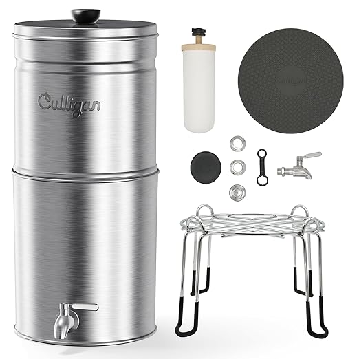 Culligan MaxClear 3 Gallon Gravity Water Filter System, Brushed Stainless-Steel Countertop Water Filter NSF/ANSI Certified to Reduce Microplastics, Lead & Total PFAS, with 6 Ceramic Filters