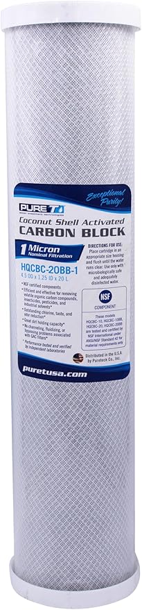 PureT HQCBC-20BB-1, 20x4.5" Coconut Carbon Block Filter - NSF Certified - Cononut Shell Activated Carbon removes Chlorine, Dirt and More (1 u Micron Rated)