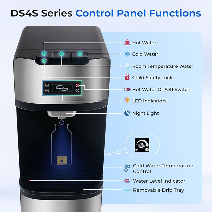 iSpring Bottleless Water Dispenser with 4-Stage Filtration, SGS-Tested 99% of PFAS Removal, Water Cooler Dispenser - Hot, Cold, Room Temp, Self Cleaning, Stainless Steel, Silver, Model: DS4S-PF