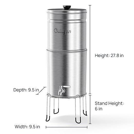 Culligan MaxClear 3 Gallon Gravity Water Filter System, Brushed Stainless-Steel Countertop Water Filter NSF/ANSI Certified to Reduce Microplastics, Lead & Total PFAS, with 6 Ceramic Filters