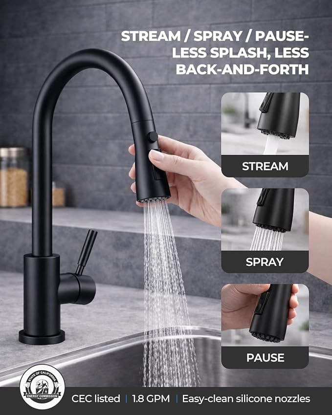 WEWE Kitchen Faucets with Pull Down Sprayer, Stainless Steel Single Handle 1 Hole for Family Kitchen Commercial Camper Laundry Rv Bar, Matte Black