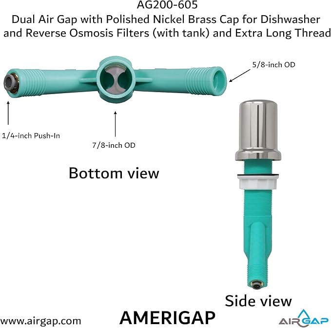 Dual Air Gap with Polished Nickel Brass Cap for Dishwasher and Reverse Osmosis Filters (with tank) and Extra Long Thread (AG200-605, AG200-X05, AMERIGAP)
