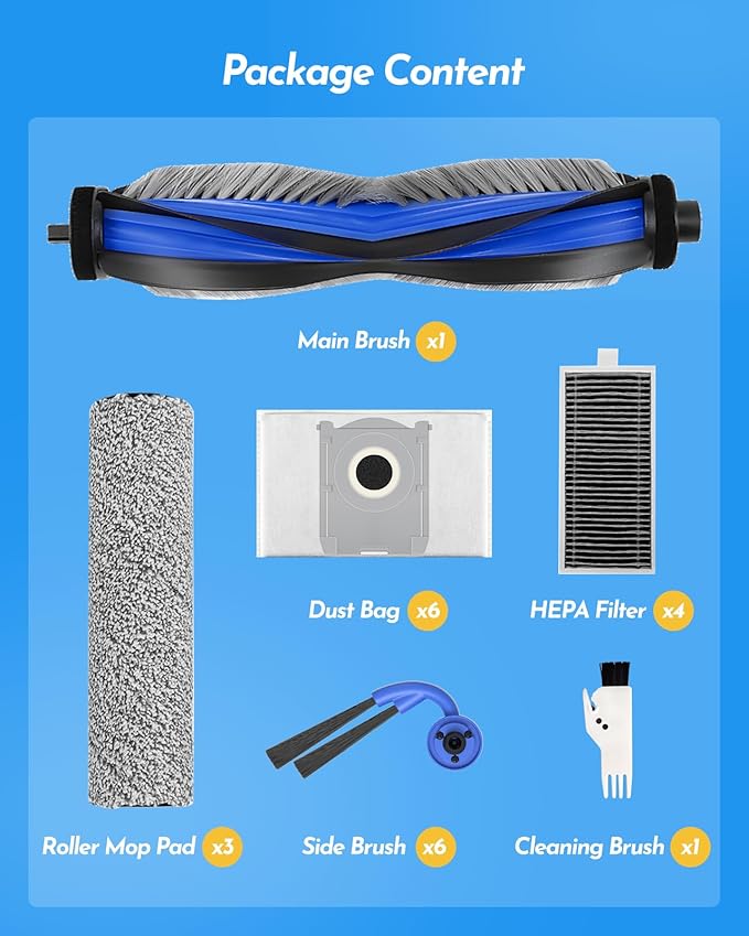 X9 Pro Omni Accessories Kit for Ecovacs Deebot T80S Omni/X9 Pro Omni/Yeedi S16 Plus Vacuum, Replacement Parts: 1 Main Brush, 3 Roller Mops, 6 Side Brushes,4 Filters, 6 Dust Bag(No X9S PRO/No T80 Omni)