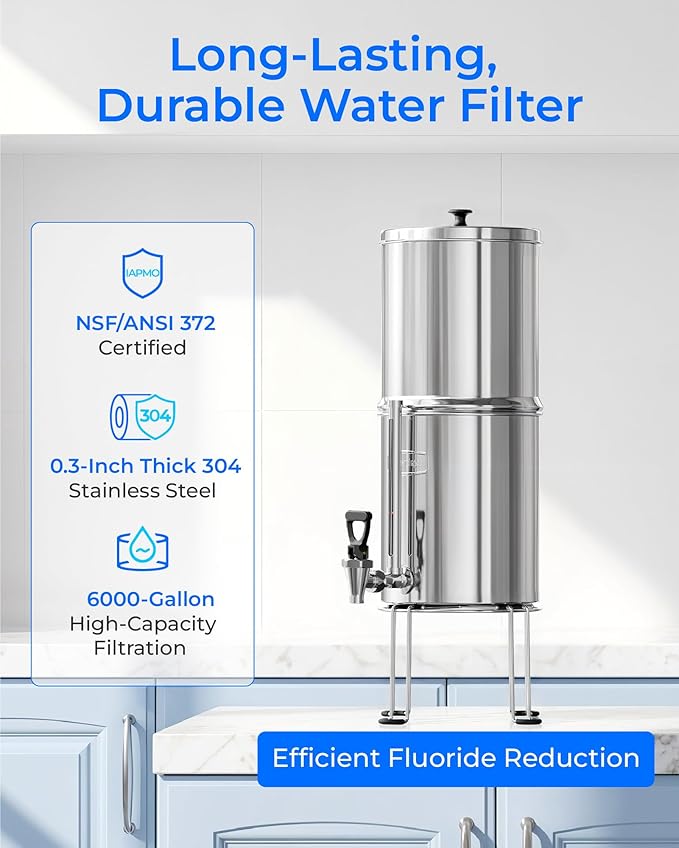 Waterdrop Gravity-fed Water Filter System, 2.25G Stainless-Steel System with 4 Filters, Metal Water Level Spigot and Stand, NSF/ANSI 42&372 Standard, Reduces Chlorine-King Tank for Emergencies