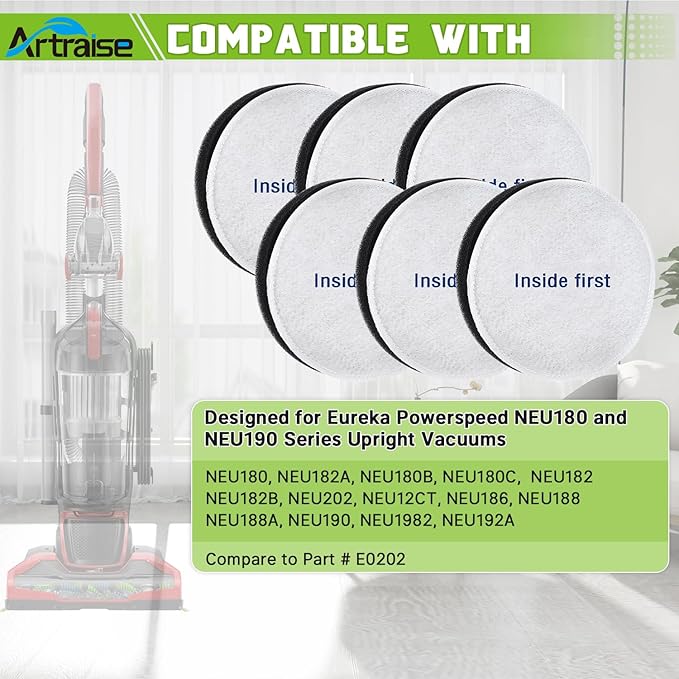 Artriase E0202 Vacuum Filters for Eureka NEU180 NEU180C NEU181 NEU182A NEU182B NEU12CT NEU186 NEU188 NEU188A NEU190 NEU192A NEU202 NEU280 Powerspeed Bagless Cleaner, 6 Pack Foam Filter Replacement