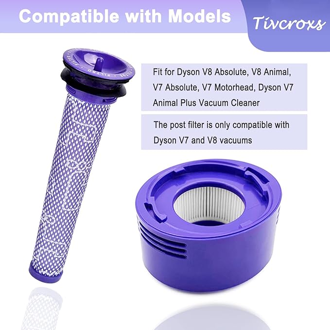 4 Pack V8 Vacuum Filters Replacement Kit Compatible with Dyson V7, V8 Animal and Absolute Vacuum, Compare to Part 965661-01 and 967478-01, 2 Pre-Filters, 2 Post-Filters