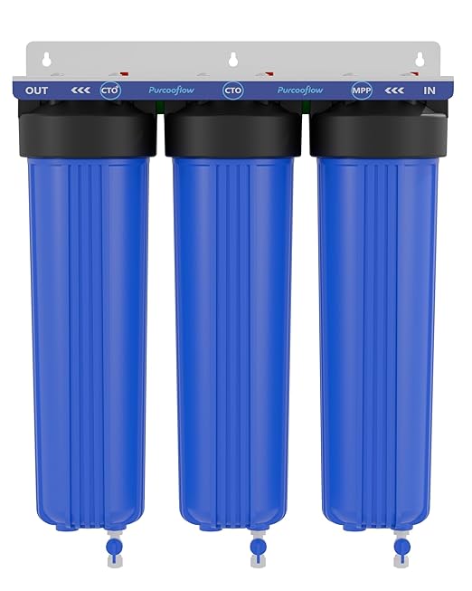 3-Stage Whole House Water Filter System, PFAS Reduction, 20x4.5 Inch, Includes PP, CTO & PFAS Carbon Block, 1" NPT Brass Ports, Drain Valves, Wrench & Install Kit