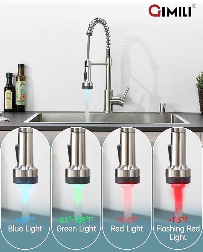 GIMILI LED Kitchen Faucet with Soap Dispenser, Modern Single Handle Spring Kitchen Sink Faucets with Pull Down Sprayer