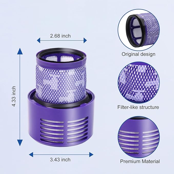 XLX Vacuum Filter Replacements for Dyson V10 Cyclone Series, V10 Animal, V10 Absolute, V10 Total Clean, SV12, Part No. 969082-01 (2 Pack Filters and 1 Clean Brush)