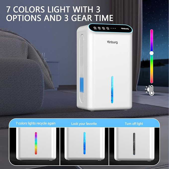 Dehumidifier for Home 1000 sq.ft - Small Quiet Dehumidifier with Auto Shut Off, Aromatherapy, 3 Gear Timer, Sleep Mode, 7-Color LED Light, Drain Hose for Bedroom, Bathroom, Basement, RV(Milky White)