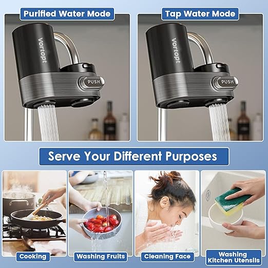 Vortopt Faucet Water Filter for Sink, Mechanical Switch Button,350 Gallon Water Purifier for Sink, NSF Certified to Reduces Chlorine and Bad Taste with One Replacement, T5-Black.