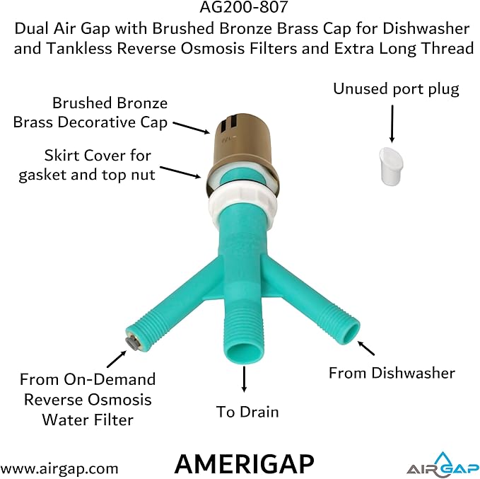 Dual Air Gap with Brushed Bronze Brass Cap for Dishwasher and Tankless Reverse Osmosis Filter and Extra Long Thread (AG200-807, AG200-X07, AMERIGAP)