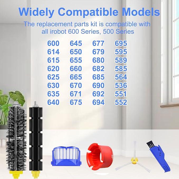 For Roomba 600 Series Replacement Parts 32Pcs, Combo Kit with Side Brush and Filters,Brushroll for Pet Hair Carpets Hard Floors, Compatible with iRobot 600 610 620 630 650 675 680 690 692 694 500 595