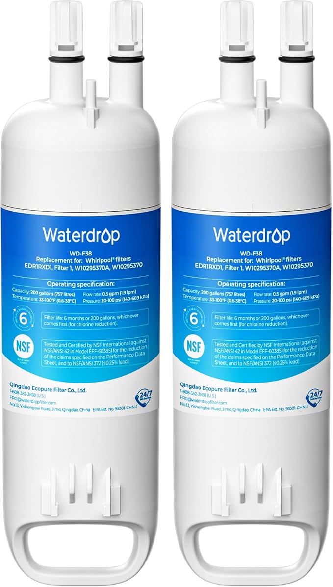 Waterdrop EDR1RXD1 Replacement for Everydrop® Filter 1,W10295370A, EDR1RXD1B, P8RFWB2L, P4RFWB, Kenmore® 46-9081, 46-9930, WD-F38 Refrigerator Water Filter, 2 Filters