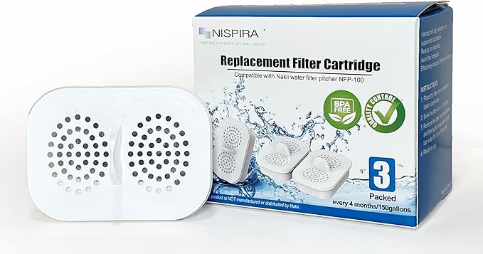 3 Pcs Nispira NFP-100 NFP100 Filter Replacement for Nakii Water Pitcher Dispenser Removes Chlorine, Lead, Odor, Color Reduce Water Hardness
