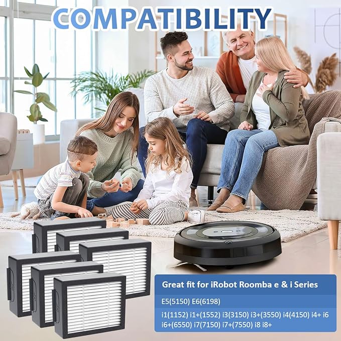 6-pack 4639161 High-Efficiency Filter for iRobot Replacement Parts Vacuum Filter, Roomba e, i & j Series, and Roomba Combo i1+ i3 i3+ i4 i5 and j5 Series