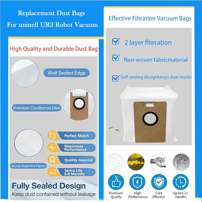 UR3 Replacement Accessories Kit For uninell UR3 Robot Vacuum Cleaner ：14 Pack parts 2 Roller Brush, 2 HEAP, 3 Mop 3 Dust Bags, 4 Side Brushes