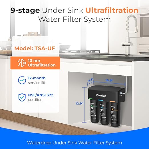 Waterdrop TSB-UF 0.01 μm Ultra Filtration Under Sink Water Filter System, 9 Layer Under Sink Water Filtration System, Reduces Chlorine, Fluoride, Taste and Odor, with A Separate Faucet, Quick Change