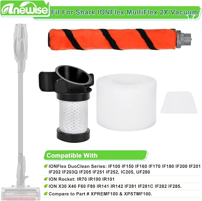 Filter Replacement for Shark ION Flex Duo Clean IF100 F80 UF280 IF200 IF201 IF202 IF203Q IF252 IF281 IF282 Cordless Vacuum, 2 HEPA + 4 Foam Felt Filters +1 Brush, Part # XPREMF100 & XPSTMF100