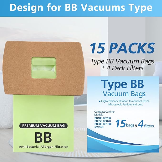 15 Pack Type BB Compact Canister Bags Replacement for Oreck XL Buster B Canister Vacuum bags PKBB12DW BB180 BB280 BB850 BB870 BB900 BB1000 MV160 with 4 Motor Filters