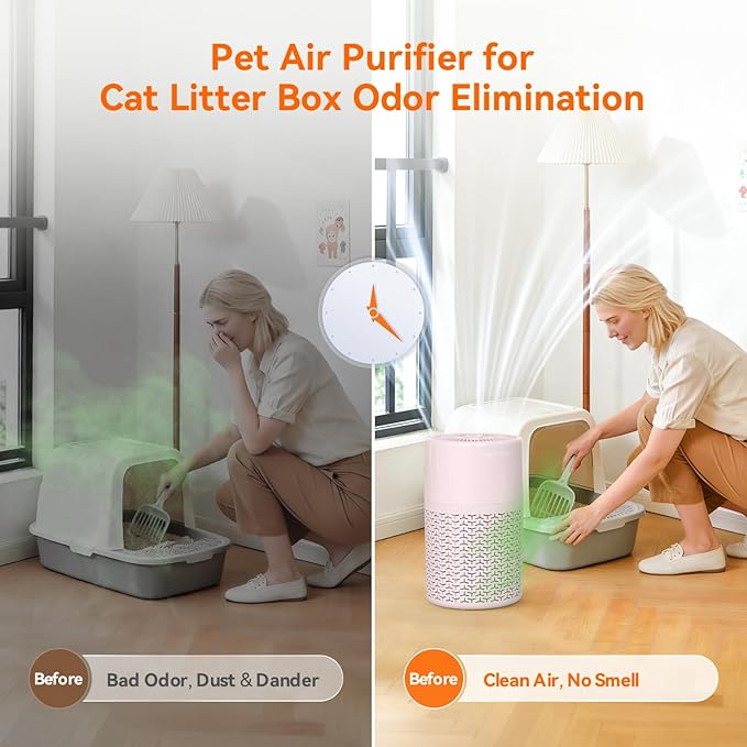 AIRROMI Pets Air Purifier for Home Allergies,Up to 660 ft². HEPA Deodorizing Activated Carbon Filter,With Fragrance Sponge for Better Sleep,Night Light,Pet Dander,Smoke,Odors,Air Cleaner A2002 Pink