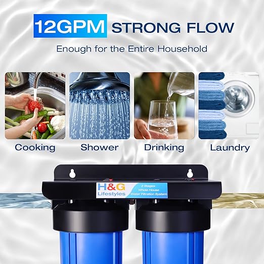 H&G Lifestyles Whole House Water Filter Iron for Well Water, Reduce Iron Fluoride Manganese,with GAC KDF Filters,Reduce Chlorine Odor Heavy Metal Lead,2 Stages Water Filtration System 70,000 Gallons