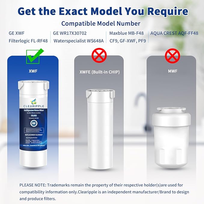 XWF (Not XWFE, NO Chips) Refrigerator Water Filter 3 Pack, Compatible with GE XWF, GBE21, GDE21, GDE25, GFE24, NSF Certified, 6-Month/300-Gallon Capacity, Lead & Chlorine Reduction
