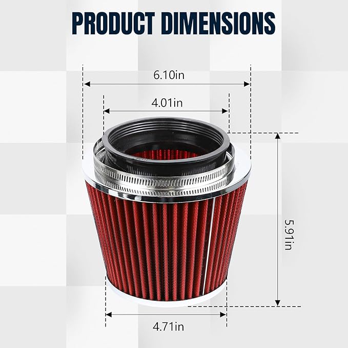 Hovom Universal Clamp-On Air Intake Filter, 76 89 102MM (3/3.5/4in) High Flow Round Tapered Cold Air Intake Filter, High Performance, Washable & Reusable, Engine Filters Replacement (Red)