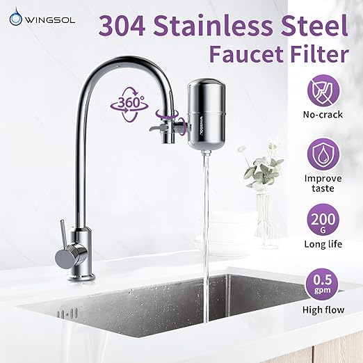 WINGSOL Stainless Steel Mineral Alkaline Water Filter for Sink Faucet, NSF/ANSI 42&53, 360° Rotating Tap Purifier Improve pH+ & Taste, Reduce Chlorine, Odor, Sediment, 250 Gallons, Reinforced Housing