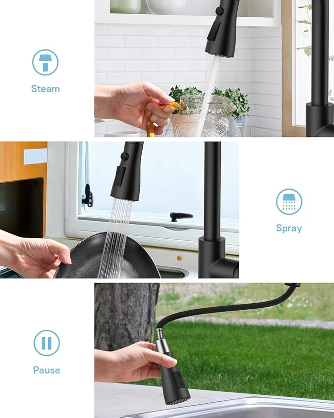 WEWE Kitchen Faucet with Pull Down Sprayer and Soap Dispenser, Matte Black High Arc Single Handle Stainless Steel Sink Faucet, Suitable for Farmhouse, RV & Laundry