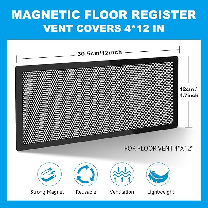4-Pack 4.7"x12" Magnetic Vent Covers for Floor Wall Ceiling - Fits 5"-6"x12"-14" Registers, High Airflow Mesh Screen, No Tools Needed (Black)
